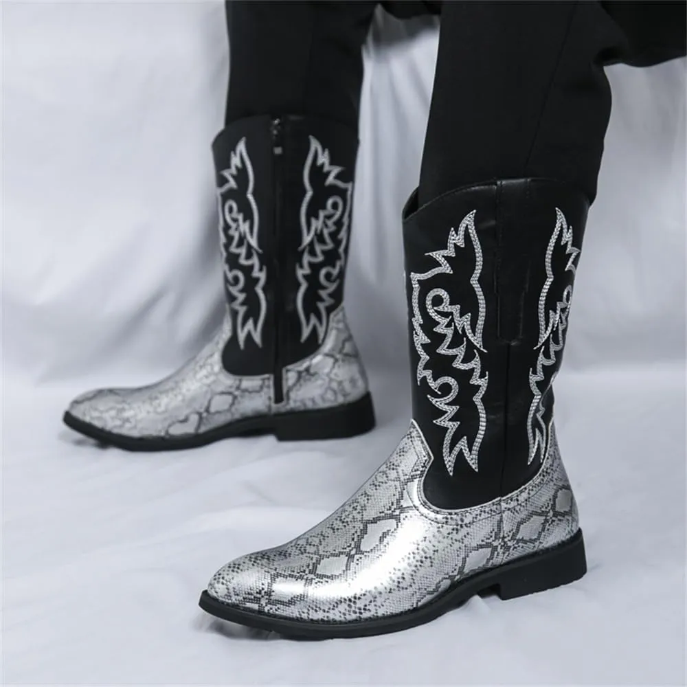 CHUUMEE Cowboy Boots For Men Western Boot Durable Classic Embroidered Pointed Toe Leather Mid-Calf Boots