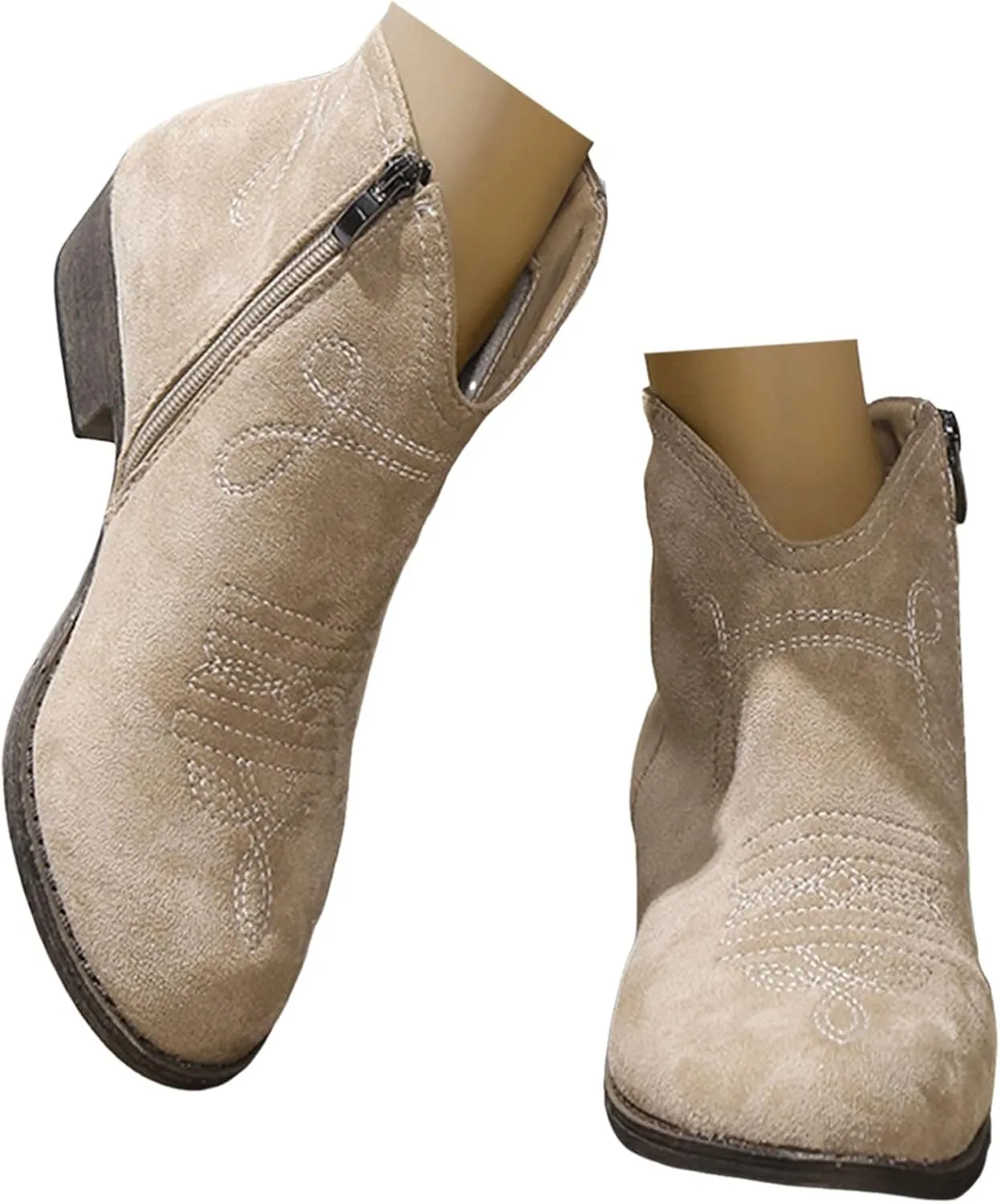 Cowboy Boots for Women Low Heel with Side Zip Western Durable Cowgirl Boots Comfortable Women's Ankle Boots Fashion Booties