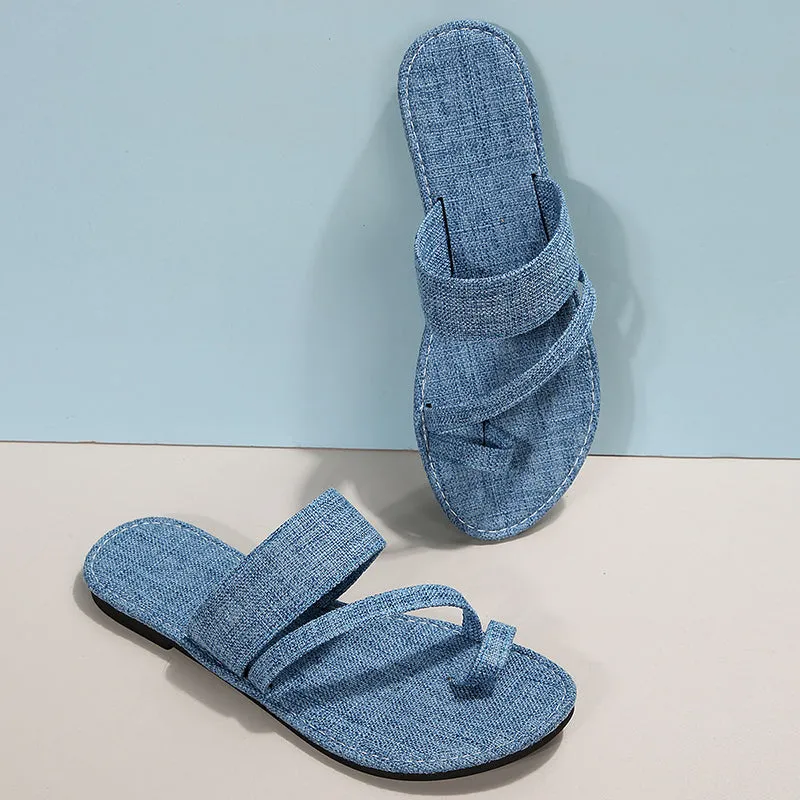 Denim toe ring slide sandals solid color slip on flat sandals