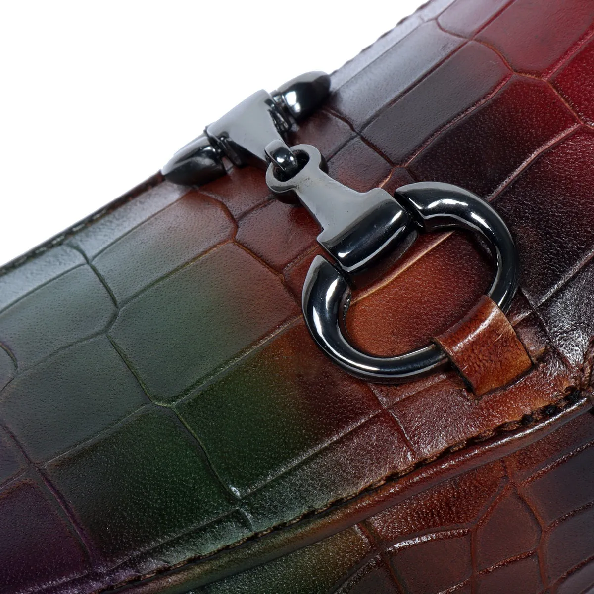 Hand-Painted Multi-Color Mules in Deep Cut Croco Textured Leather