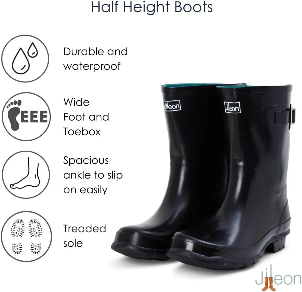 Jileon Mid Calf Rain Boots - Specially Designed For Wide Feet, Ankles or Calves - Half Height Waterproof Durable Wide Calf Rain Boots