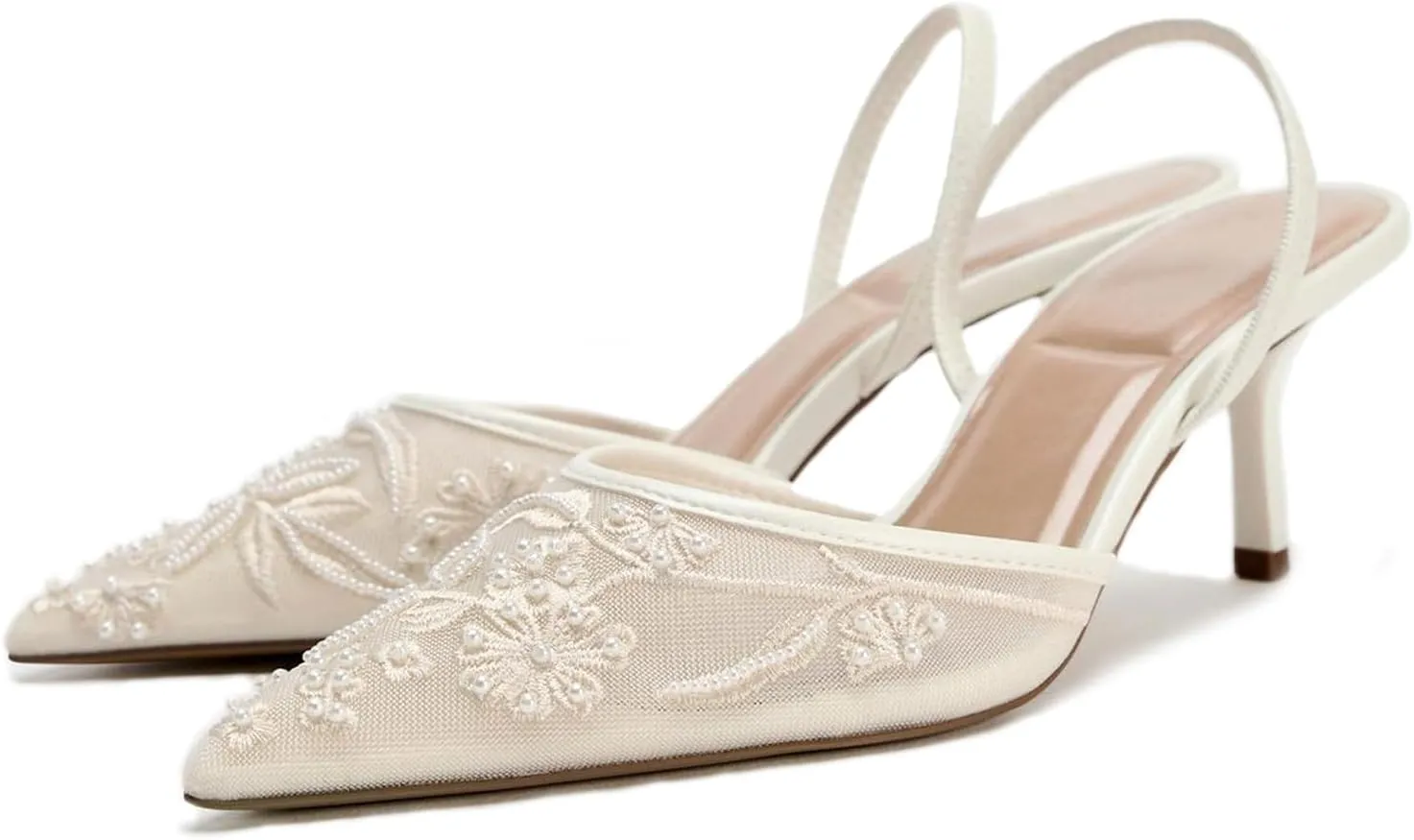 Lymphvity Women's Mesh Embroidered Slingback Heels with Bead Elegant Backless Kitten Heels Pointed Toe Wedding Bridal Dress Pumps Shoes