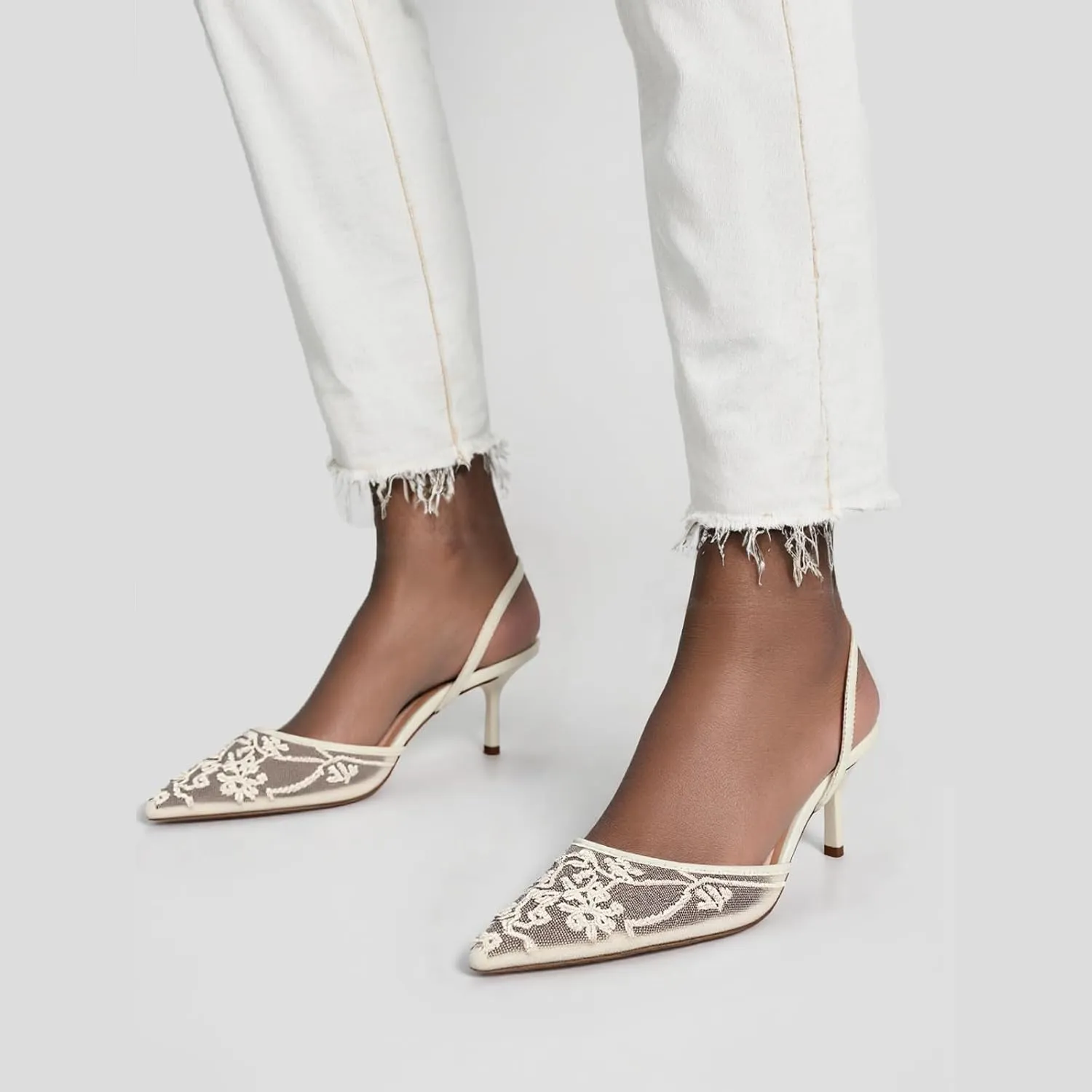 Lymphvity Women's Mesh Embroidered Slingback Heels with Bead Elegant Backless Kitten Heels Pointed Toe Wedding Bridal Dress Pumps Shoes
