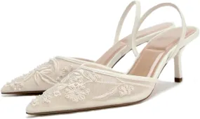 Lymphvity Women's Mesh Embroidered Slingback Heels with Bead Elegant Backless Kitten Heels Pointed Toe Wedding Bridal Dress Pumps Shoes