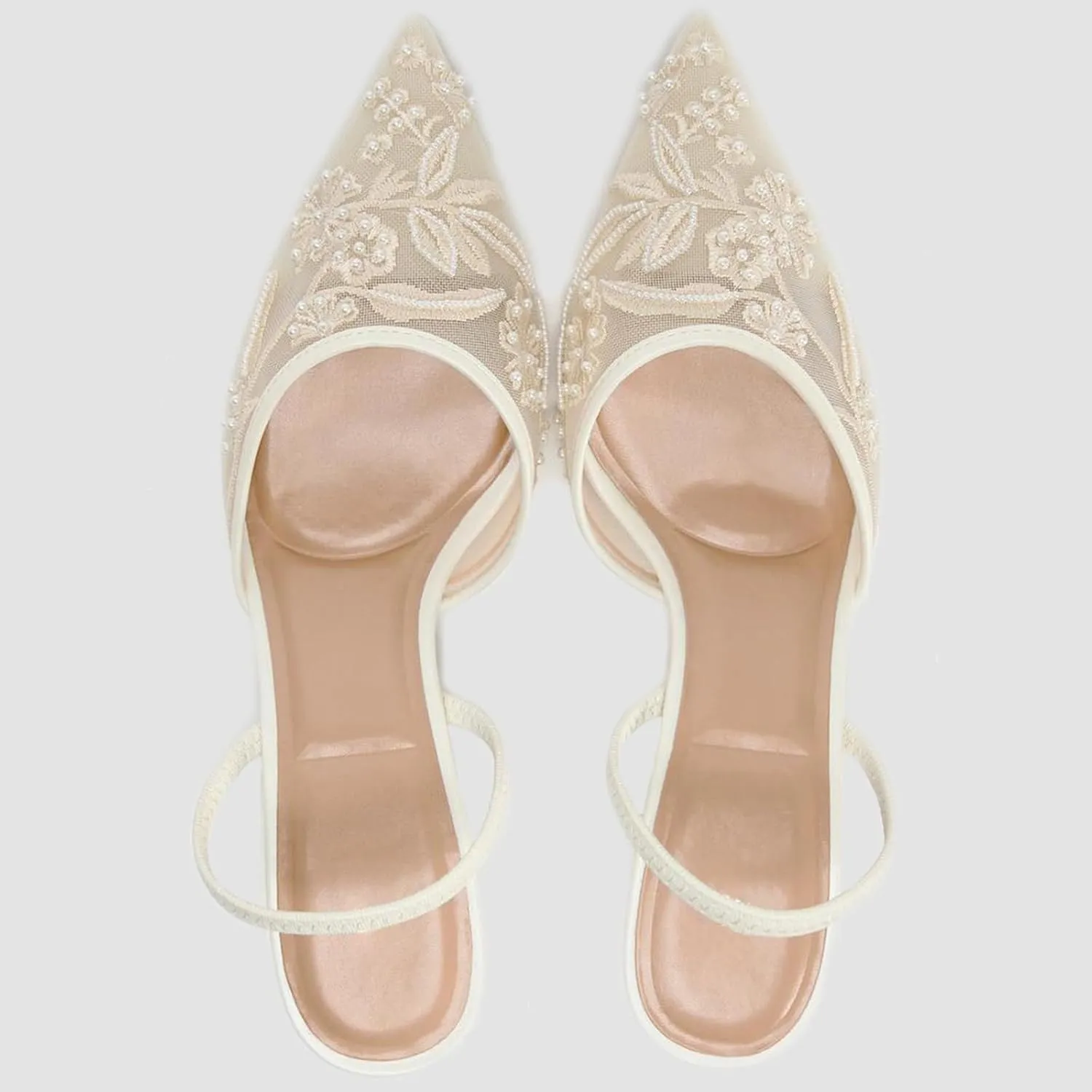 Lymphvity Women's Mesh Embroidered Slingback Heels with Bead Elegant Backless Kitten Heels Pointed Toe Wedding Bridal Dress Pumps Shoes