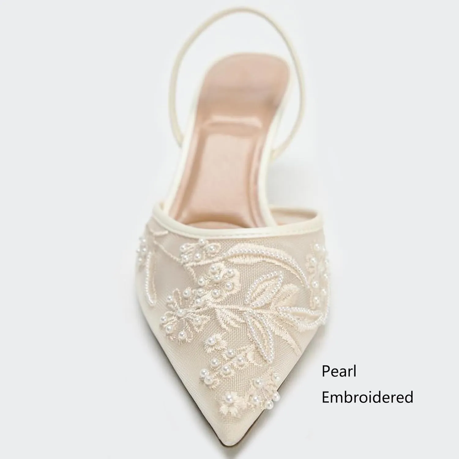 Lymphvity Women's Mesh Embroidered Slingback Heels with Bead Elegant Backless Kitten Heels Pointed Toe Wedding Bridal Dress Pumps Shoes