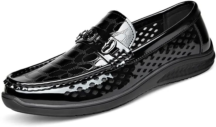 Men's Breathable Perforated Loafers Daily Non-Slip Low Block Heel Casual Shoes with Metal Horsebit Detail