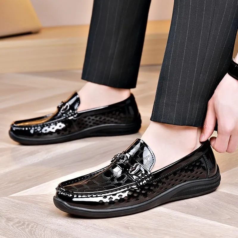 Men's Breathable Perforated Loafers Daily Non-Slip Low Block Heel Casual Shoes with Metal Horsebit Detail