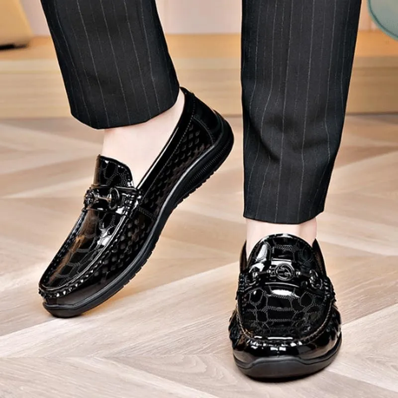 Men's Breathable Perforated Loafers Daily Non-Slip Low Block Heel Casual Shoes with Metal Horsebit Detail
