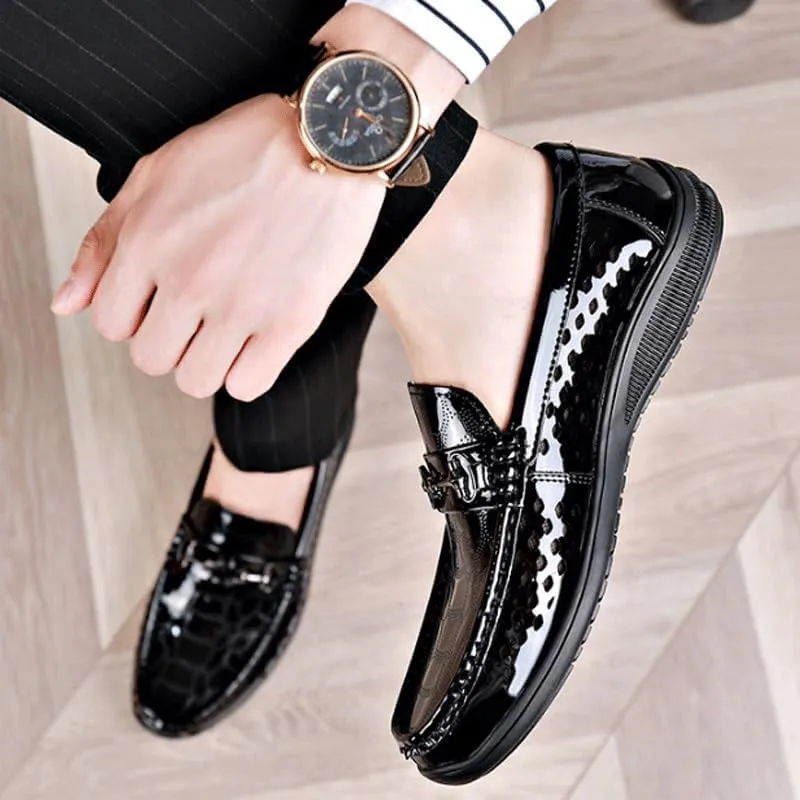 Men's Breathable Perforated Loafers Daily Non-Slip Low Block Heel Casual Shoes with Metal Horsebit Detail