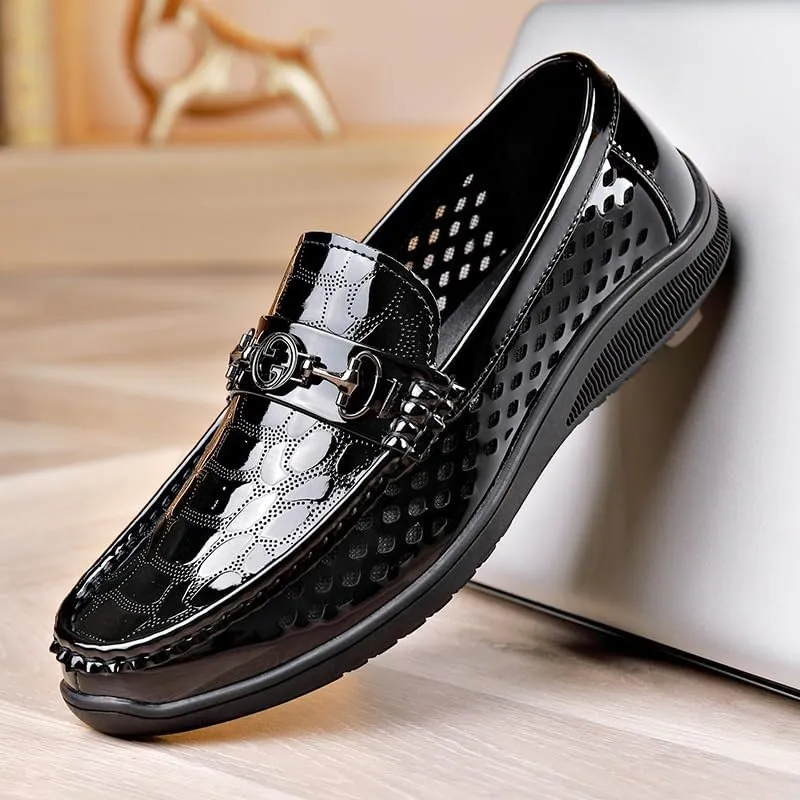 Men's Breathable Perforated Loafers Daily Non-Slip Low Block Heel Casual Shoes with Metal Horsebit Detail