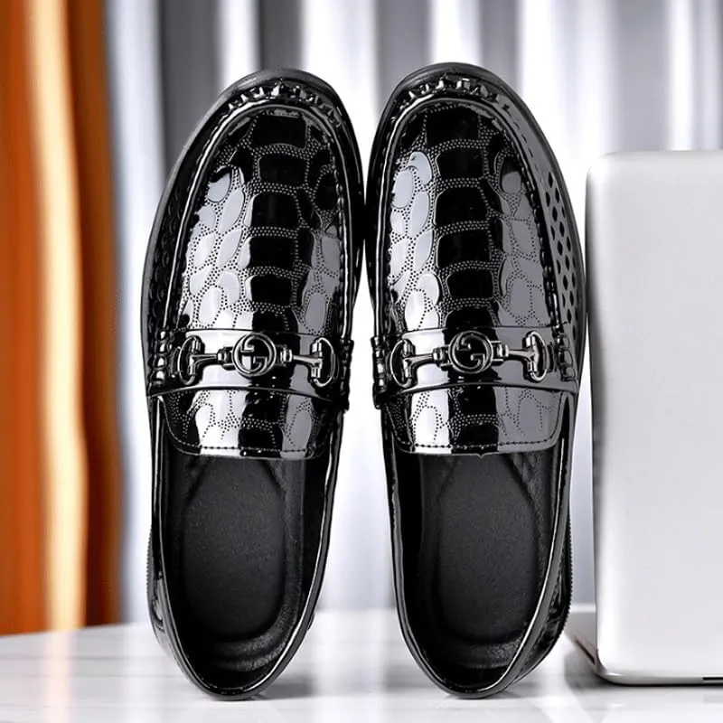 Men's Breathable Perforated Loafers Daily Non-Slip Low Block Heel Casual Shoes with Metal Horsebit Detail