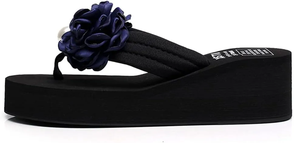 MIOKE Flower Wedge Flipflops For Womens Trendy Summer Boho High Heel Platform Nonslip Beach Thong Sandals