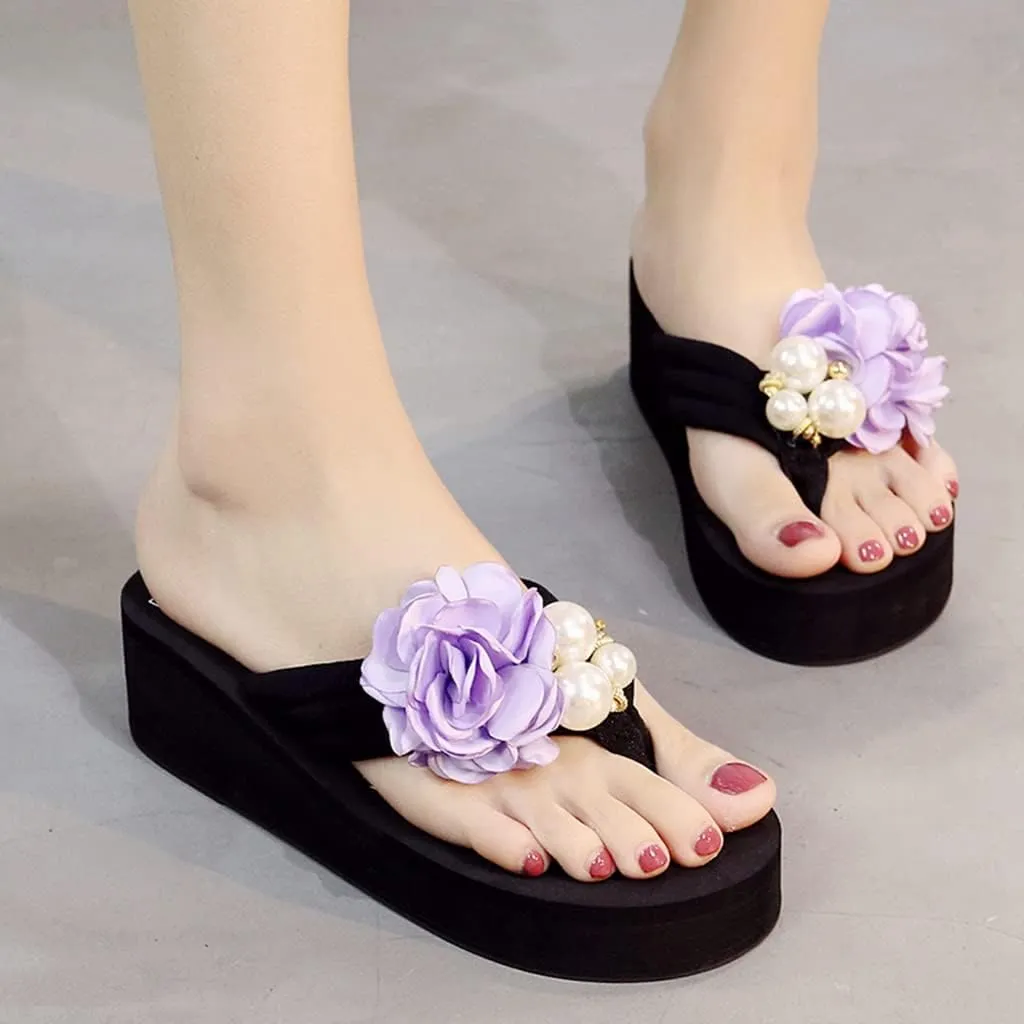 MIOKE Flower Wedge Flipflops For Womens Trendy Summer Boho High Heel Platform Nonslip Beach Thong Sandals
