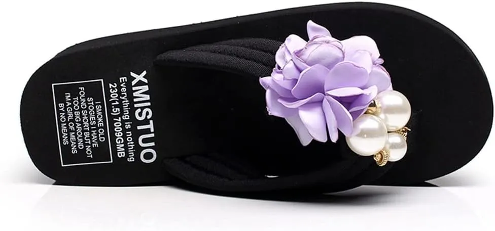 MIOKE Flower Wedge Flipflops For Womens Trendy Summer Boho High Heel Platform Nonslip Beach Thong Sandals