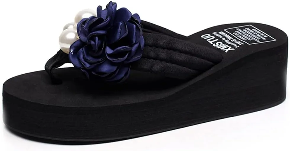 MIOKE Flower Wedge Flipflops For Womens Trendy Summer Boho High Heel Platform Nonslip Beach Thong Sandals