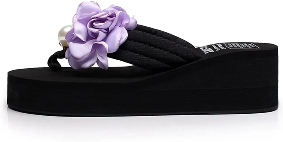 MIOKE Flower Wedge Flipflops For Womens Trendy Summer Boho High Heel Platform Nonslip Beach Thong Sandals