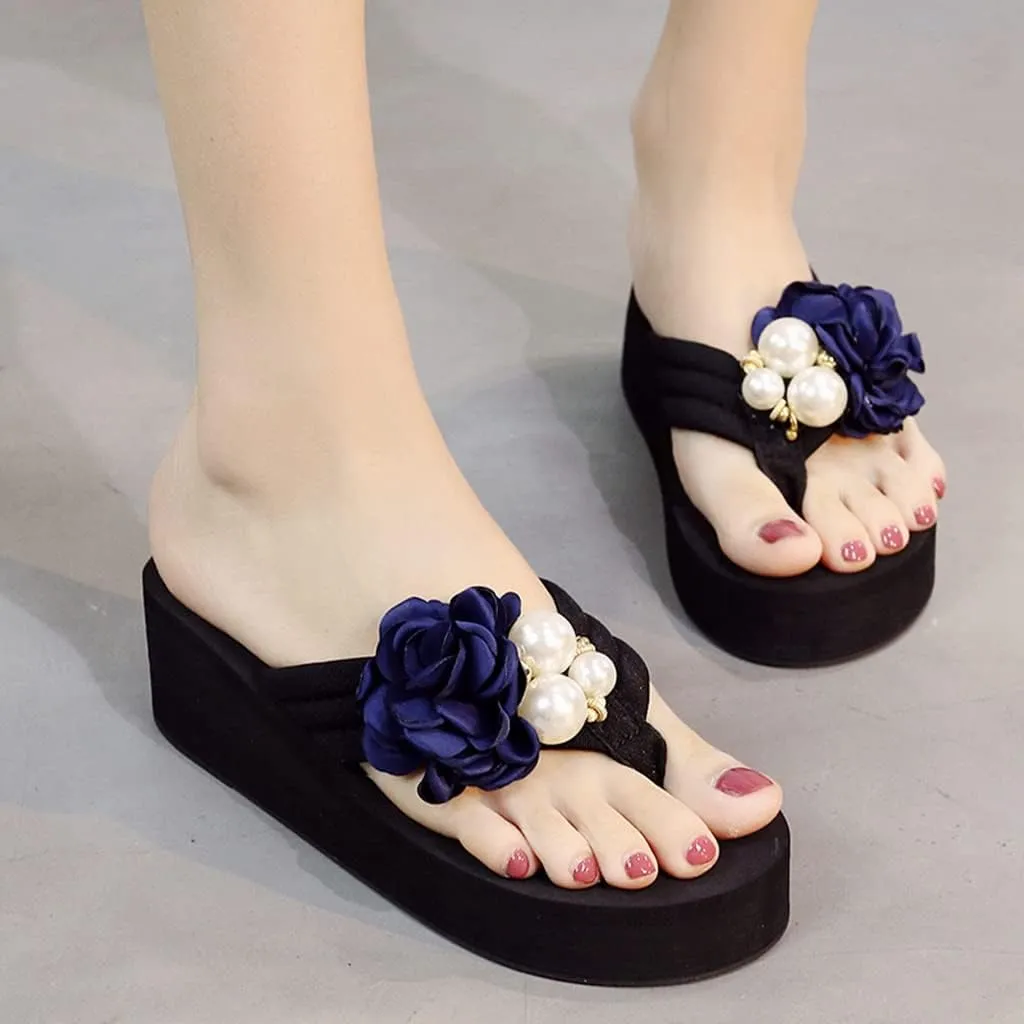 MIOKE Flower Wedge Flipflops For Womens Trendy Summer Boho High Heel Platform Nonslip Beach Thong Sandals