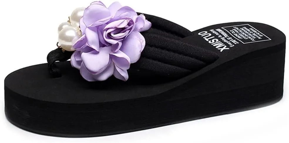 MIOKE Flower Wedge Flipflops For Womens Trendy Summer Boho High Heel Platform Nonslip Beach Thong Sandals