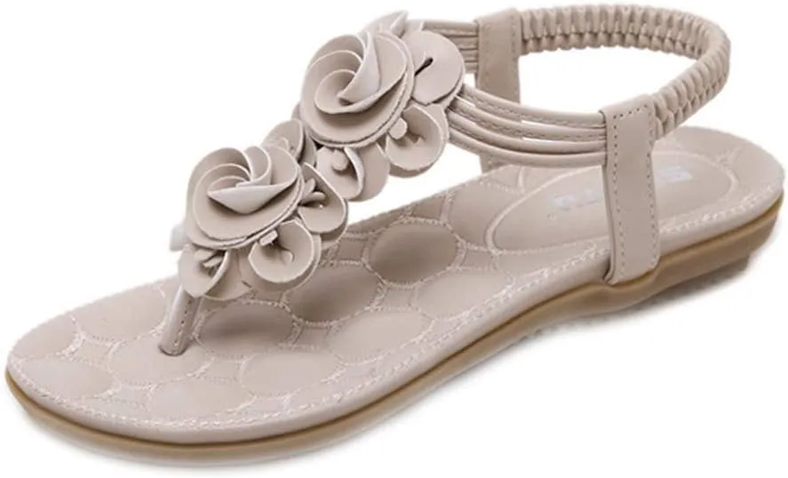 MIOKE Women's Bohemia Flower Flat Sandals T-strap Summer Beach Elastic Slingback Flip Flops Thong Shoes