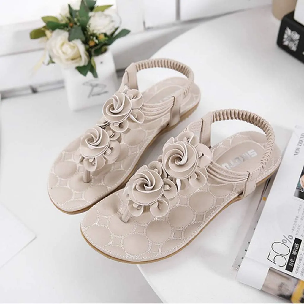 MIOKE Women's Bohemia Flower Flat Sandals T-strap Summer Beach Elastic Slingback Flip Flops Thong Shoes