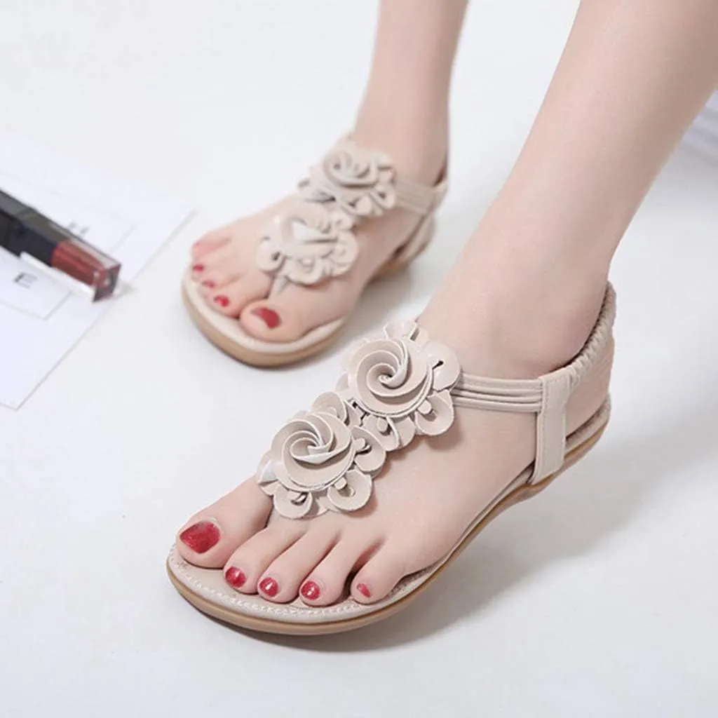 MIOKE Women's Bohemia Flower Flat Sandals T-strap Summer Beach Elastic Slingback Flip Flops Thong Shoes