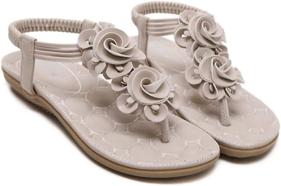 MIOKE Women's Bohemia Flower Flat Sandals T-strap Summer Beach Elastic Slingback Flip Flops Thong Shoes