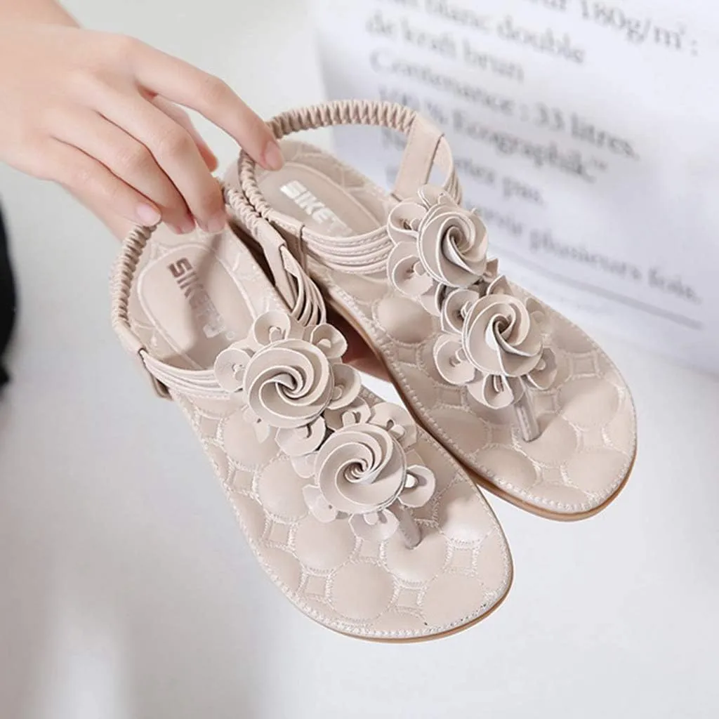 MIOKE Women's Bohemia Flower Flat Sandals T-strap Summer Beach Elastic Slingback Flip Flops Thong Shoes