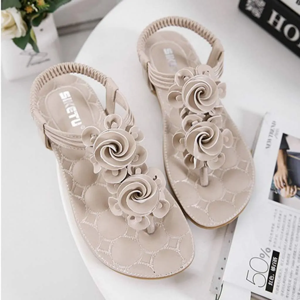 MIOKE Women's Bohemia Flower Flat Sandals T-strap Summer Beach Elastic Slingback Flip Flops Thong Shoes