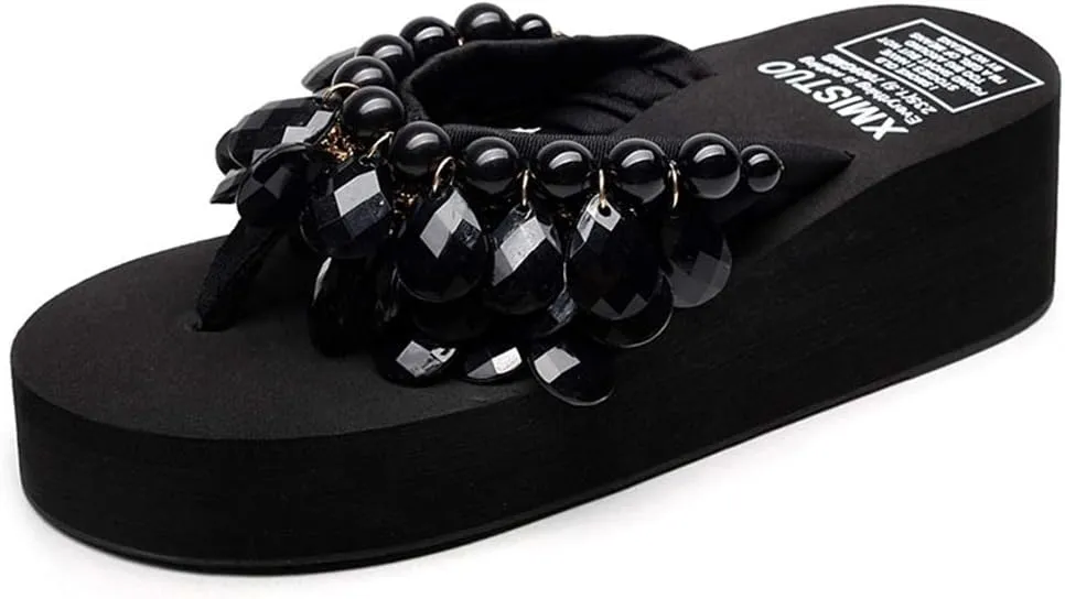 MIOKE Womens Bohemian Beaded Wedge Flipflops High Heel Platform Comfy Nonslip Summer Beach Thong Sandals