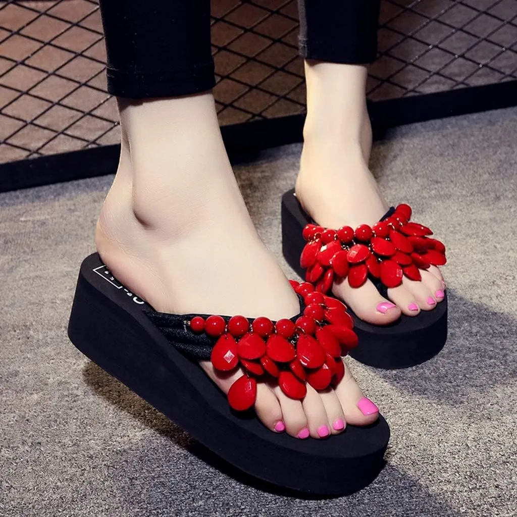MIOKE Womens Bohemian Beaded Wedge Flipflops High Heel Platform Comfy Nonslip Summer Beach Thong Sandals