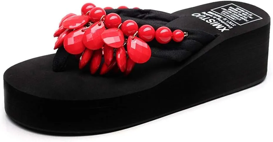 MIOKE Womens Bohemian Beaded Wedge Flipflops High Heel Platform Comfy Nonslip Summer Beach Thong Sandals