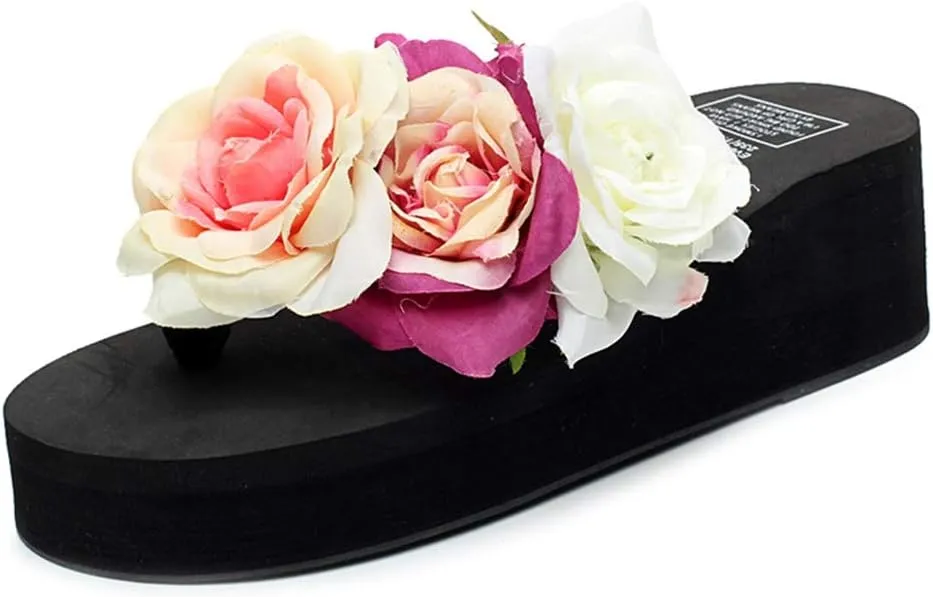 MIOKE Women's Boho Flowers Wedge Flipflops Trendy Summer Platform Anti-Slip High Heel Beach Thong Sandals
