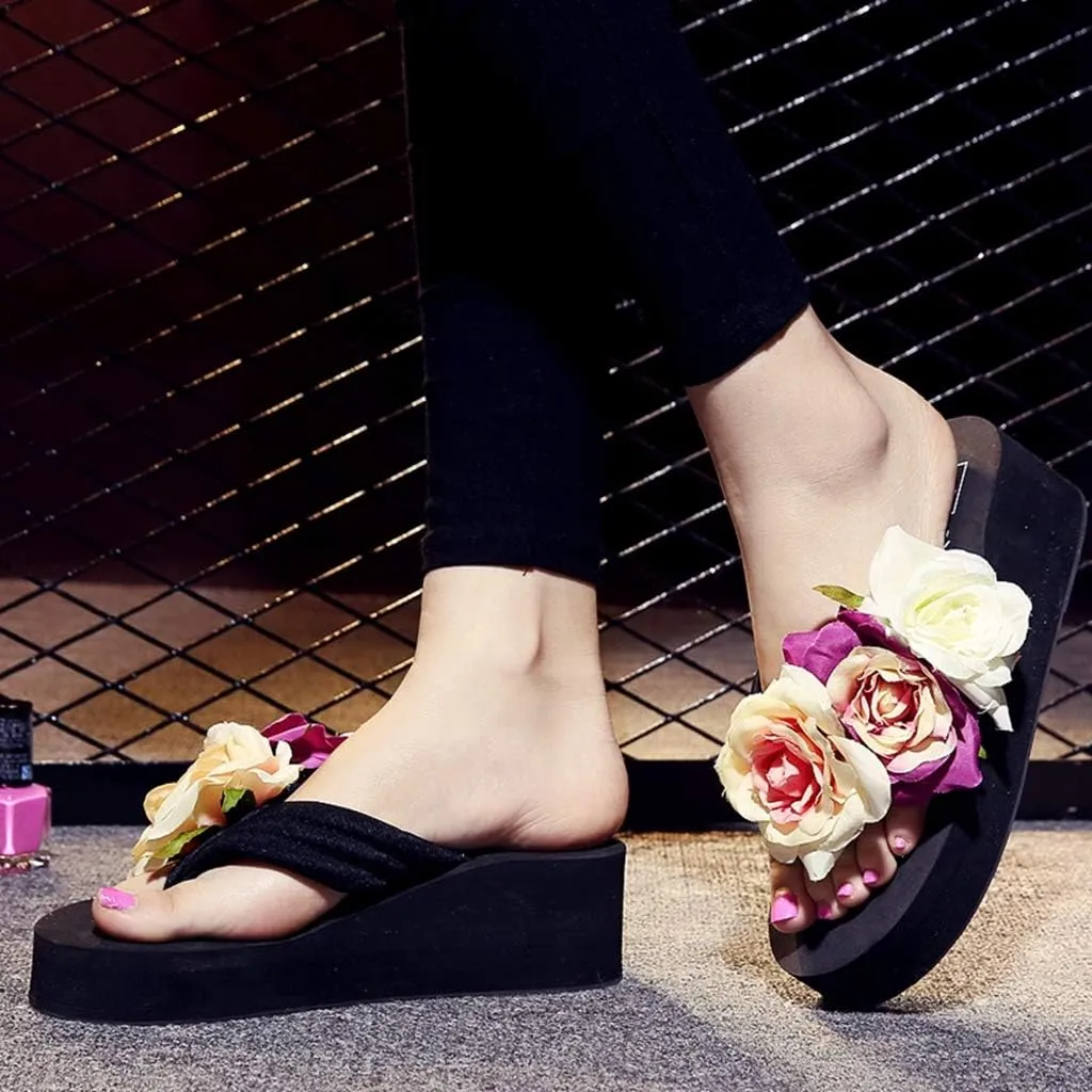 MIOKE Women's Boho Flowers Wedge Flipflops Trendy Summer Platform Anti-Slip High Heel Beach Thong Sandals