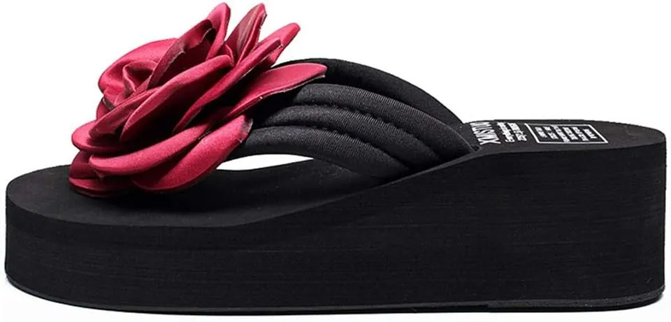 MIOKE Women's Flower Wedge High Heel Flipflops Trendy Summer Platform Comfort Nonslip Beach Thong Sandals