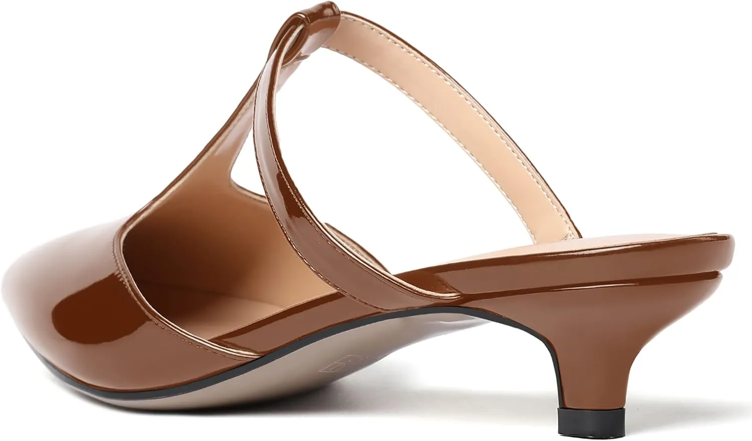 MODENCOCO Women's T Strap Pointed Toe Dress Party Slip On Comfortable Patent Kitten Low Heel Mules Shoes 1.5 Inch