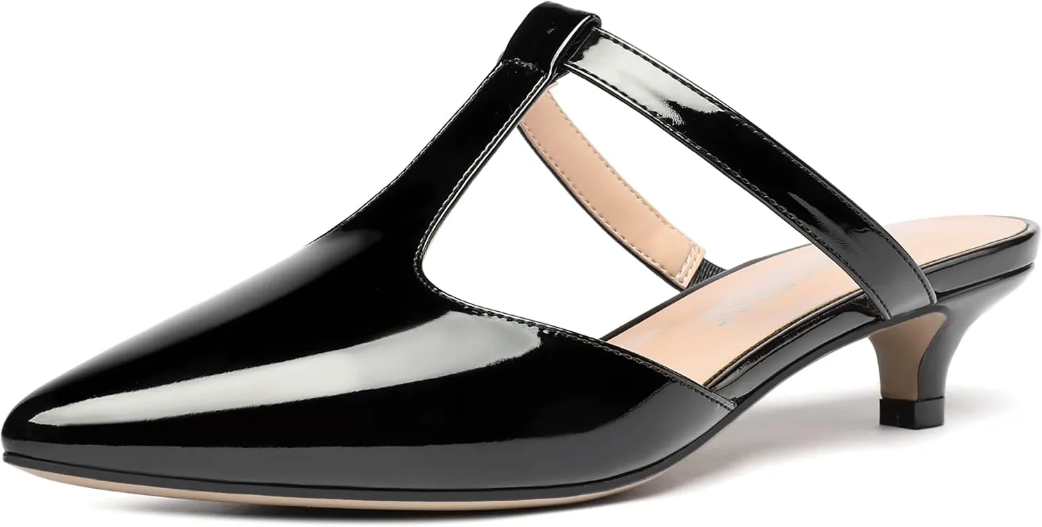 MODENCOCO Women's T Strap Pointed Toe Dress Party Slip On Comfortable Patent Kitten Low Heel Mules Shoes 1.5 Inch