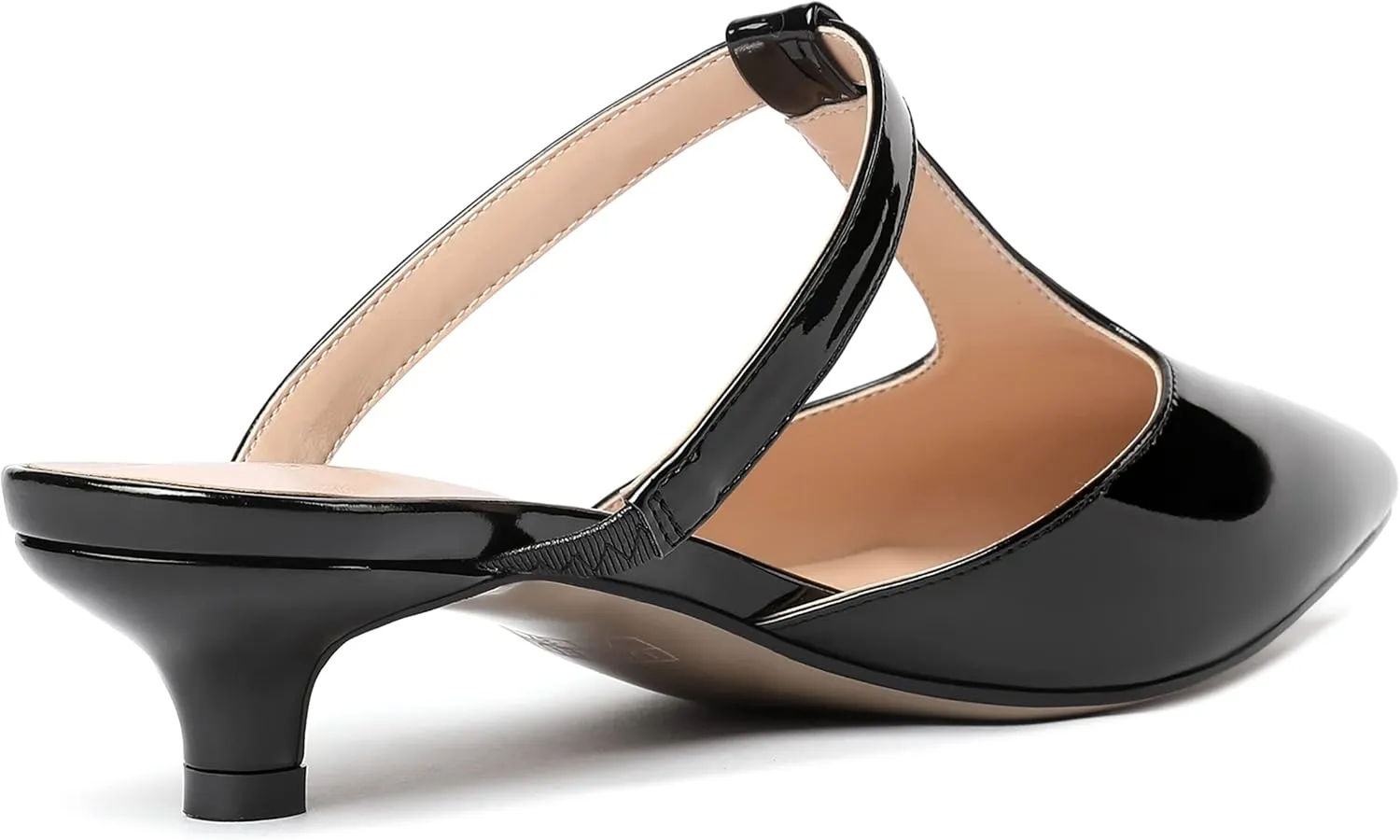 MODENCOCO Women's T Strap Pointed Toe Dress Party Slip On Comfortable Patent Kitten Low Heel Mules Shoes 1.5 Inch