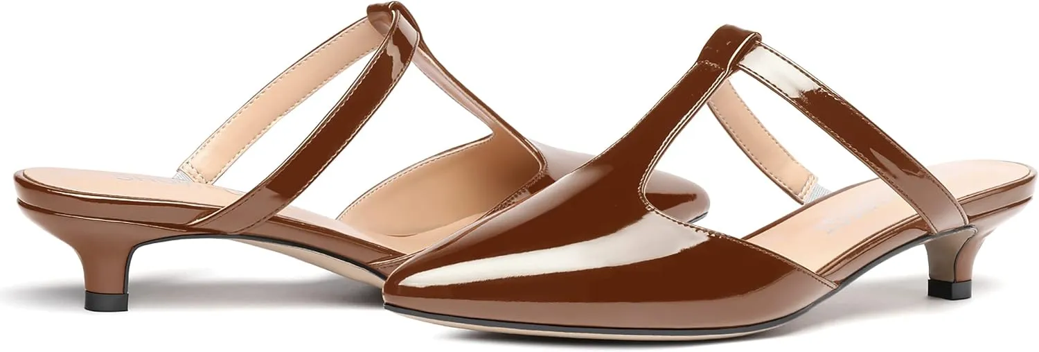 MODENCOCO Women's T Strap Pointed Toe Dress Party Slip On Comfortable Patent Kitten Low Heel Mules Shoes 1.5 Inch
