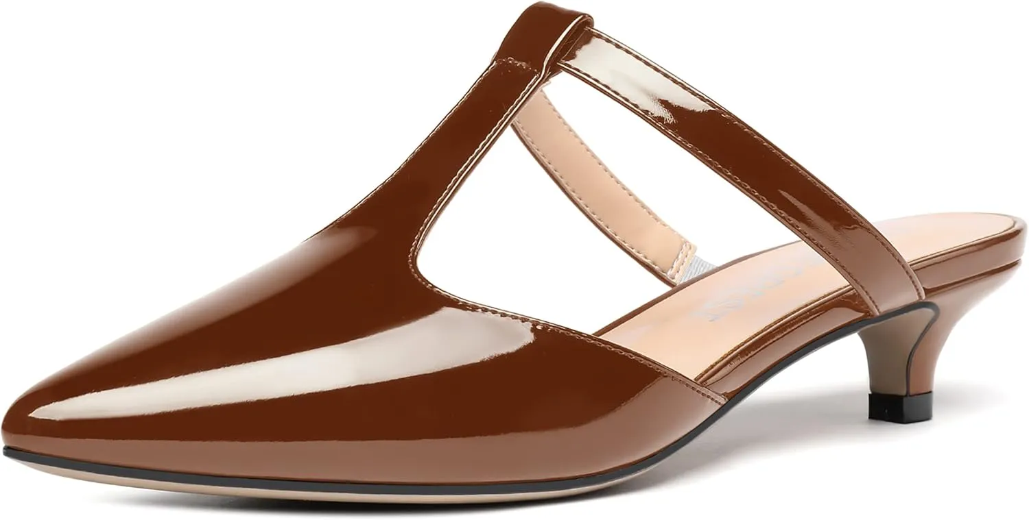 MODENCOCO Women's T Strap Pointed Toe Dress Party Slip On Comfortable Patent Kitten Low Heel Mules Shoes 1.5 Inch