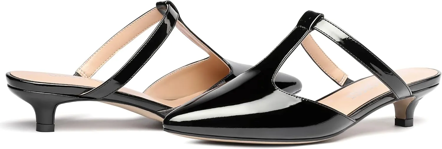 MODENCOCO Women's T Strap Pointed Toe Dress Party Slip On Comfortable Patent Kitten Low Heel Mules Shoes 1.5 Inch