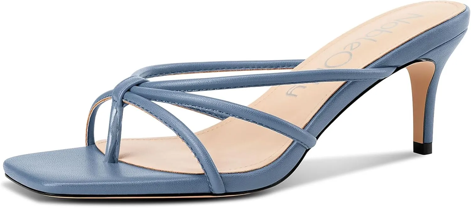 NobleOnly Womens Strappy Kitten Heels Square Open Toe Thong Heels Flip Flop Heels Dress Prom Slip-on Mule Heels 2.6 Inches Heels