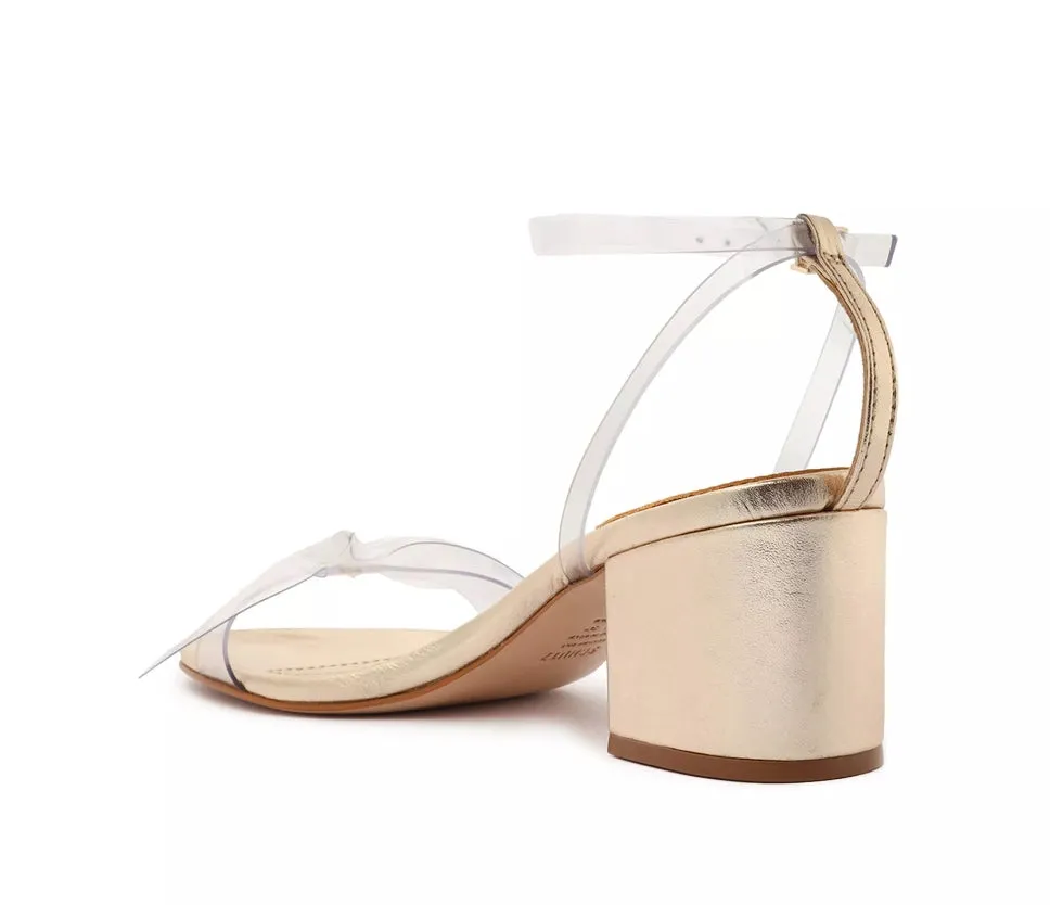 Schutz Elyda Mid Gold Leather Dress Open Toe Ankle Strap Block Heeled Sandals