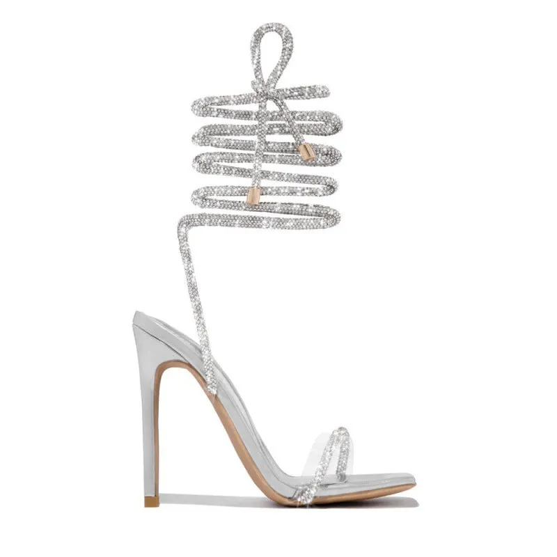 Square toe rhinestone strappy sandals lace up heel sandals for party