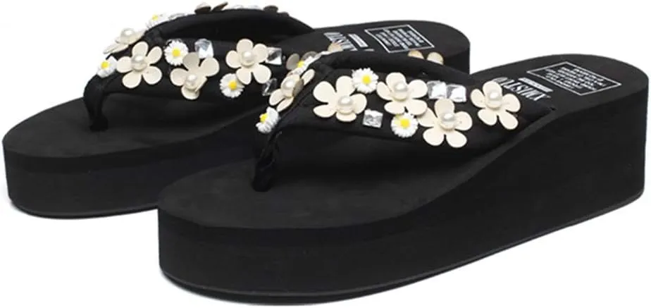 VOKLIN Women's Bohemian Florals Wedge Flipflop Sandals High Heel Platform Nonslip Summer Beach Thong Sandal