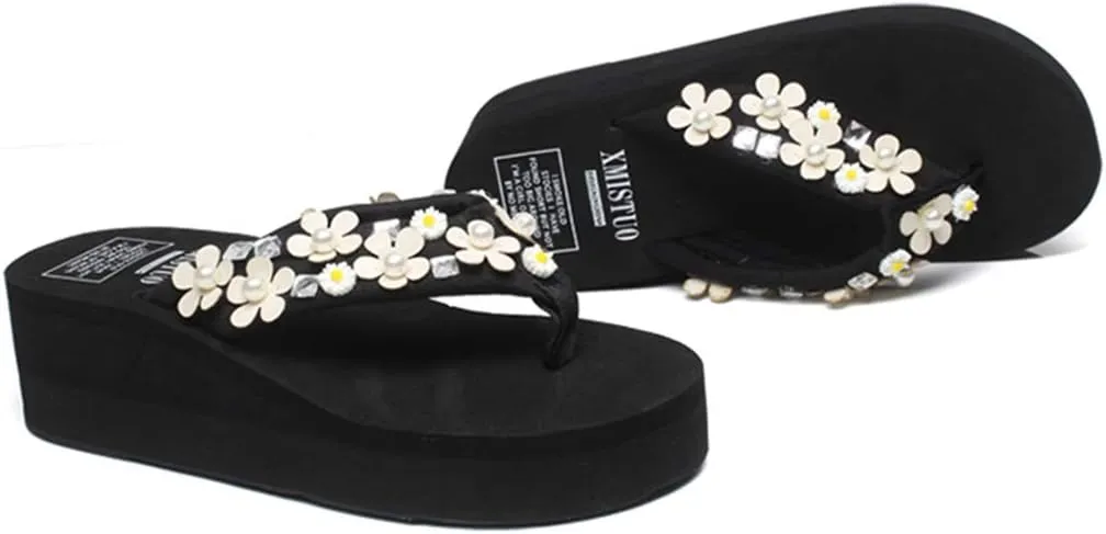 VOKLIN Women's Bohemian Florals Wedge Flipflop Sandals High Heel Platform Nonslip Summer Beach Thong Sandal