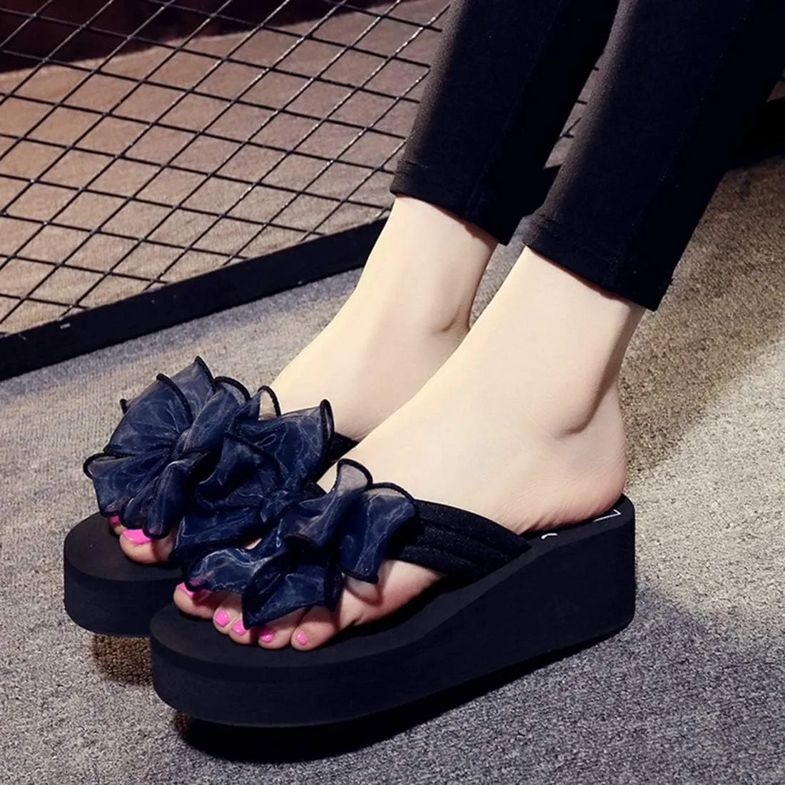 VOKLIN Women's Fashion Bohemian Bowknot Wedge Flipflops Sandals Comfort Nonslip Platform Summer Beach Sandal
