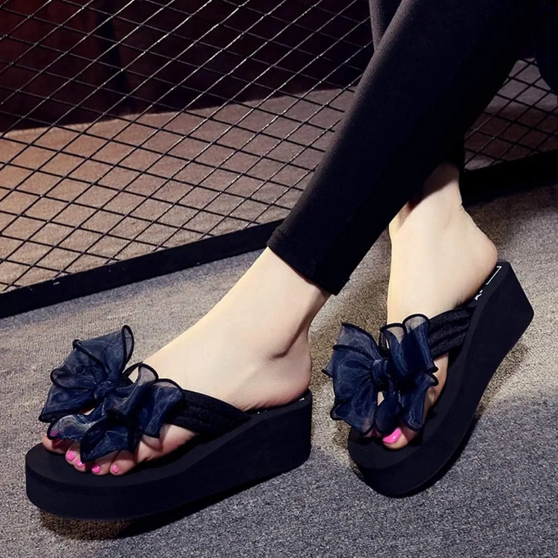 VOKLIN Women's Fashion Bohemian Bowknot Wedge Flipflops Sandals Comfort Nonslip Platform Summer Beach Sandal