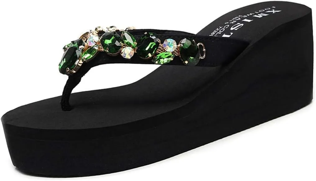 VOKLIN Women's Sparkly Rhinestone Wedge High Heel Flipflops Summer Platform Anti-Slip Beach Thong Sandals