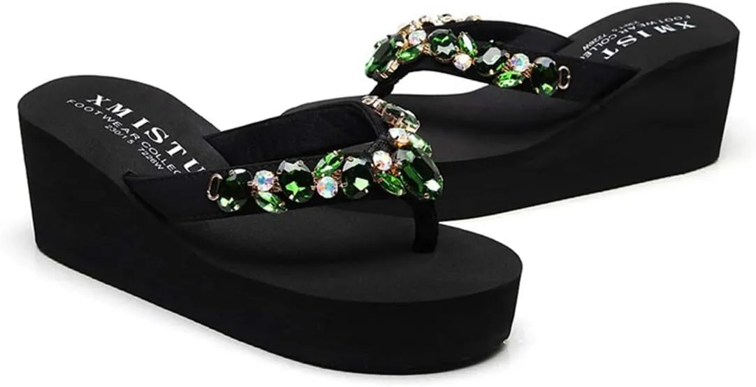 VOKLIN Women's Sparkly Rhinestone Wedge High Heel Flipflops Summer Platform Anti-Slip Beach Thong Sandals